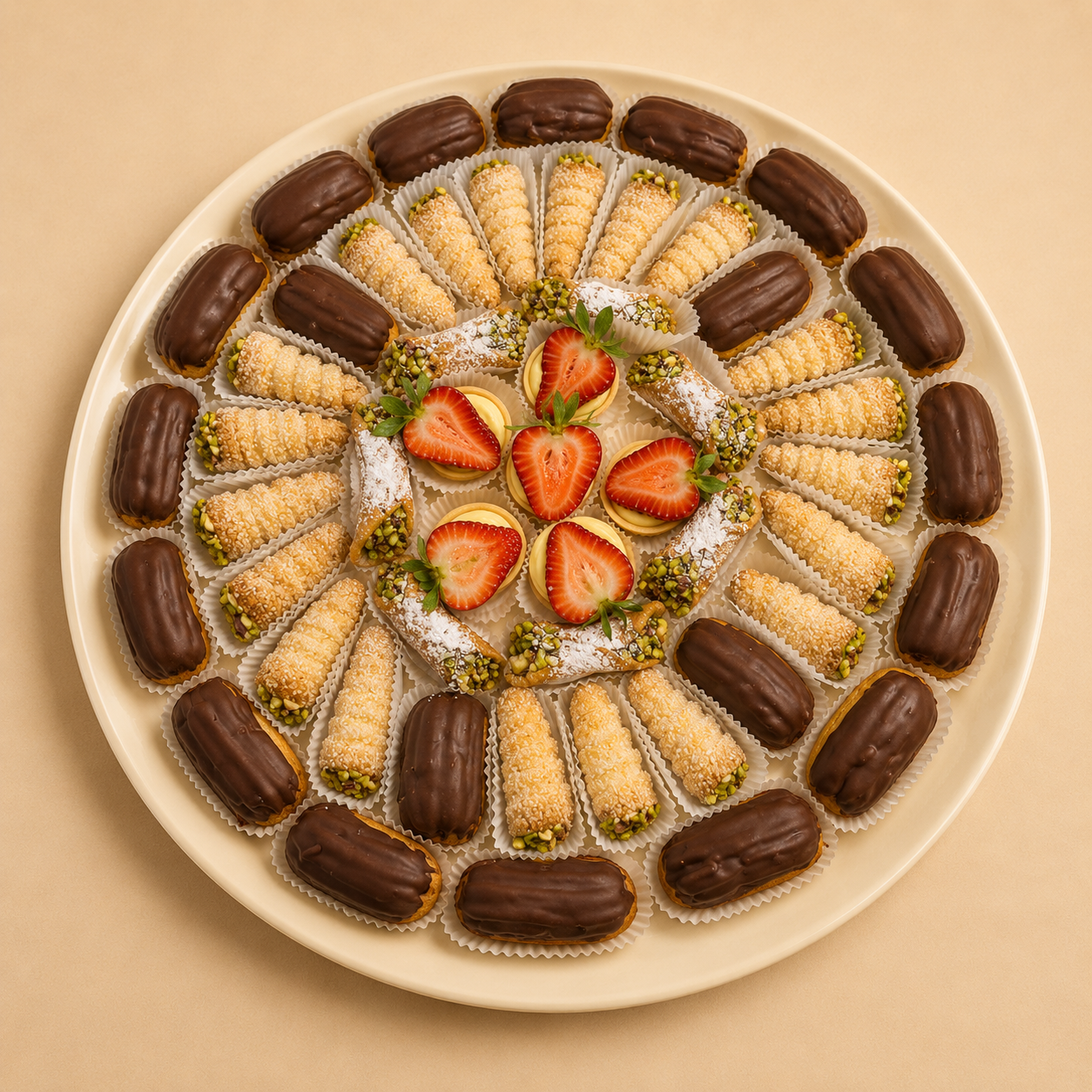 Assorted profiteroles filled with cream on a decorative serving tray